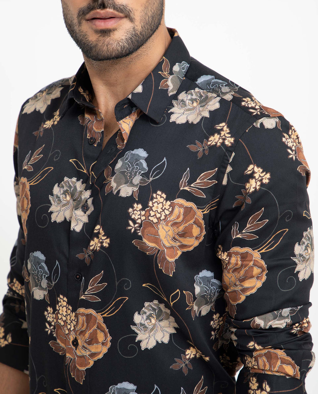 Rare Rabbit Men's Marne Black Cotton Floral Print Regular Fit Full Sleeve Collared Shirt