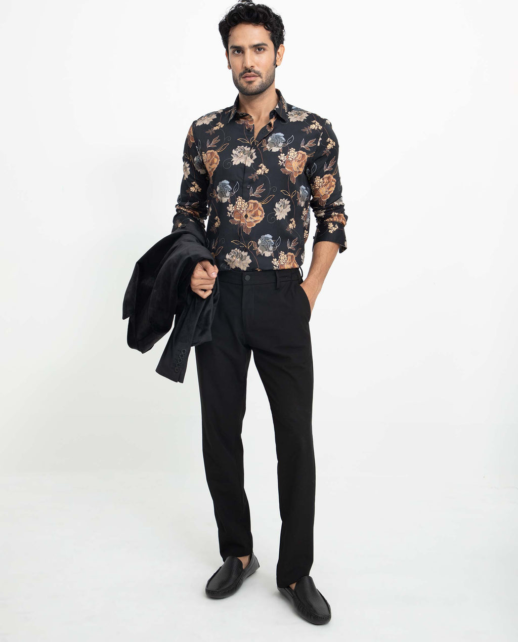 Rare Rabbit Men's Marne Black Cotton Floral Print Regular Fit Full Sleeve Collared Shirt