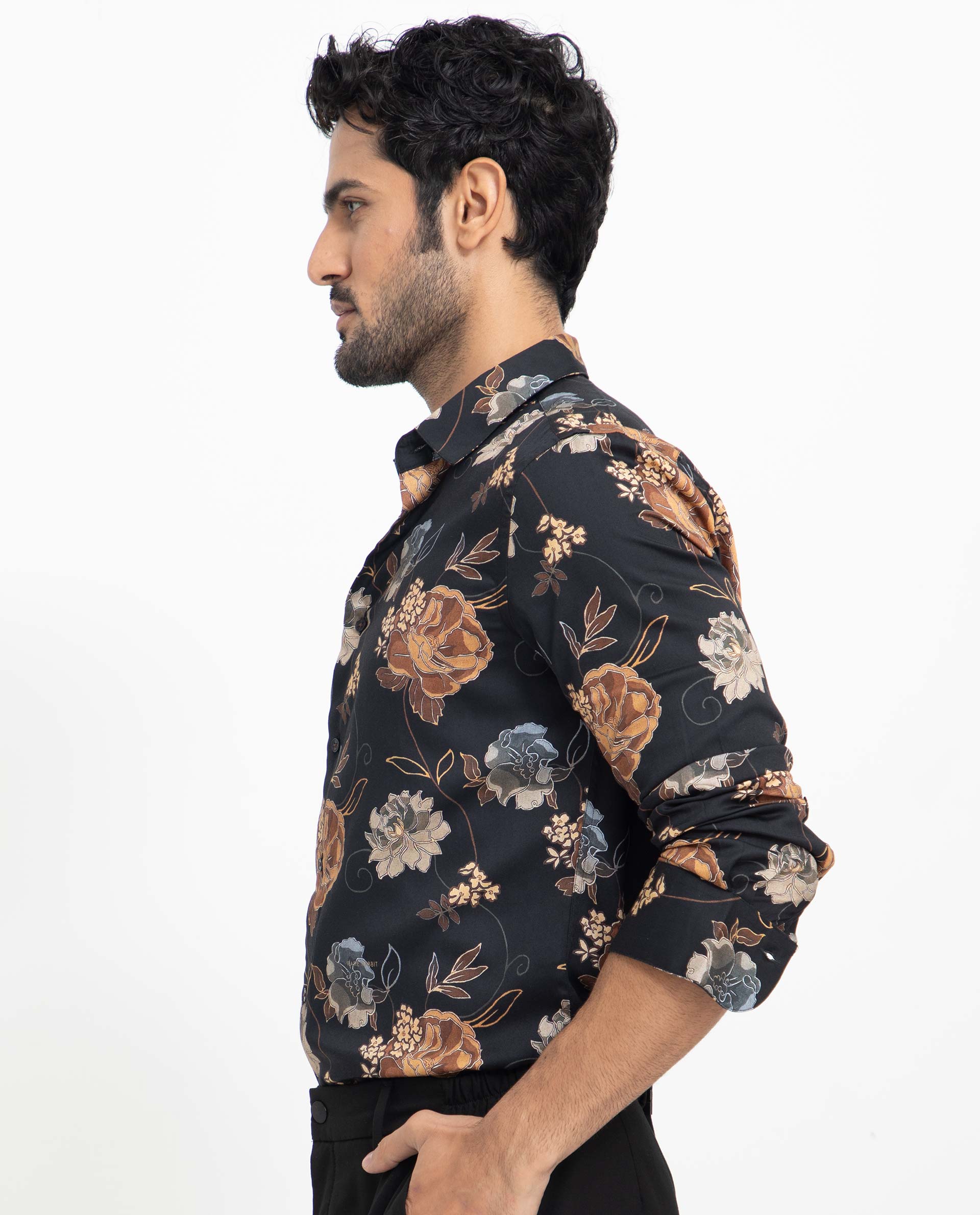 Rare Rabbit Men's Marne Black Cotton Floral Print Regular Fit Full Sleeve Collared Shirt