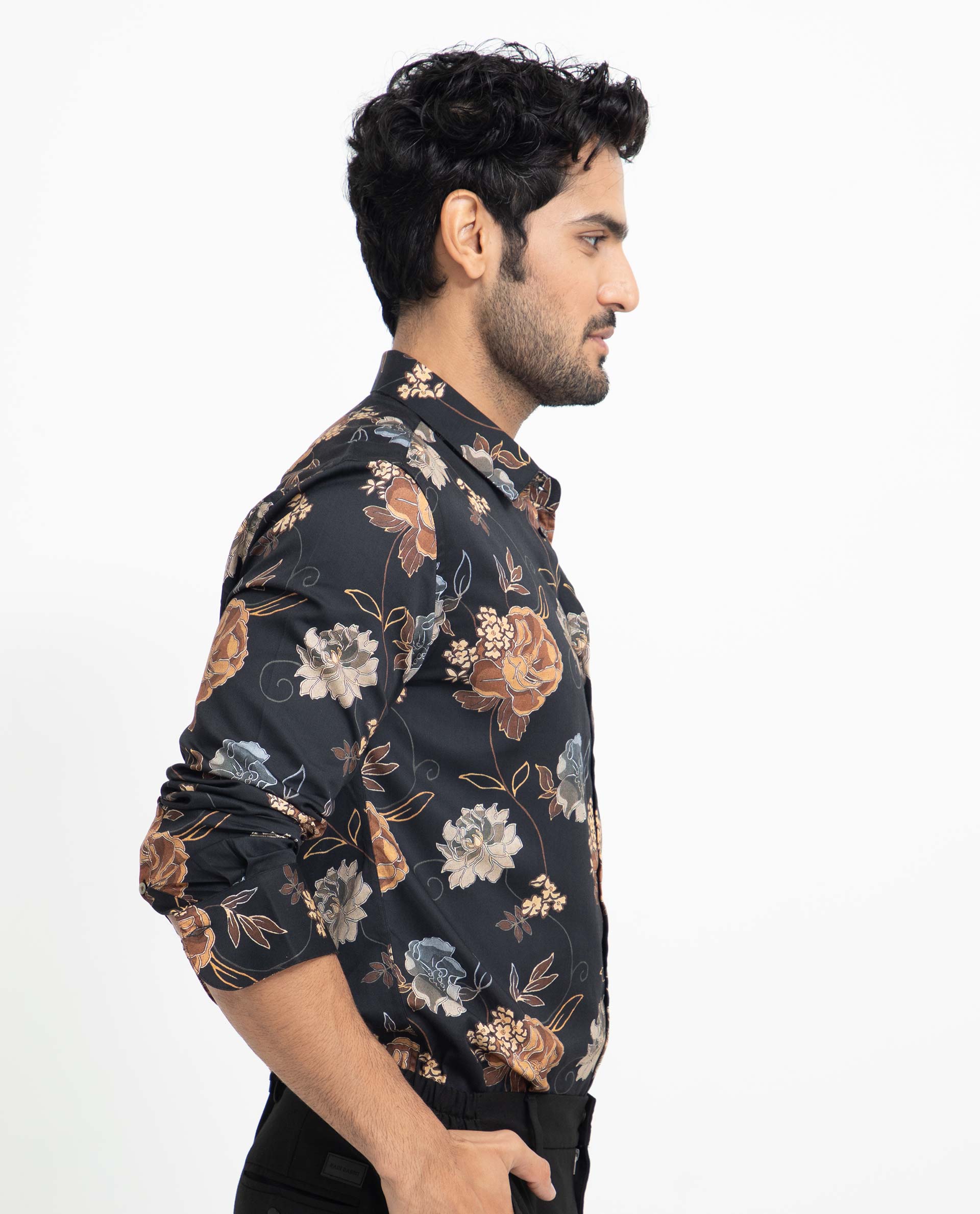 Rare Rabbit Men's Marne Black Cotton Floral Print Regular Fit Full Sleeve Collared Shirt
