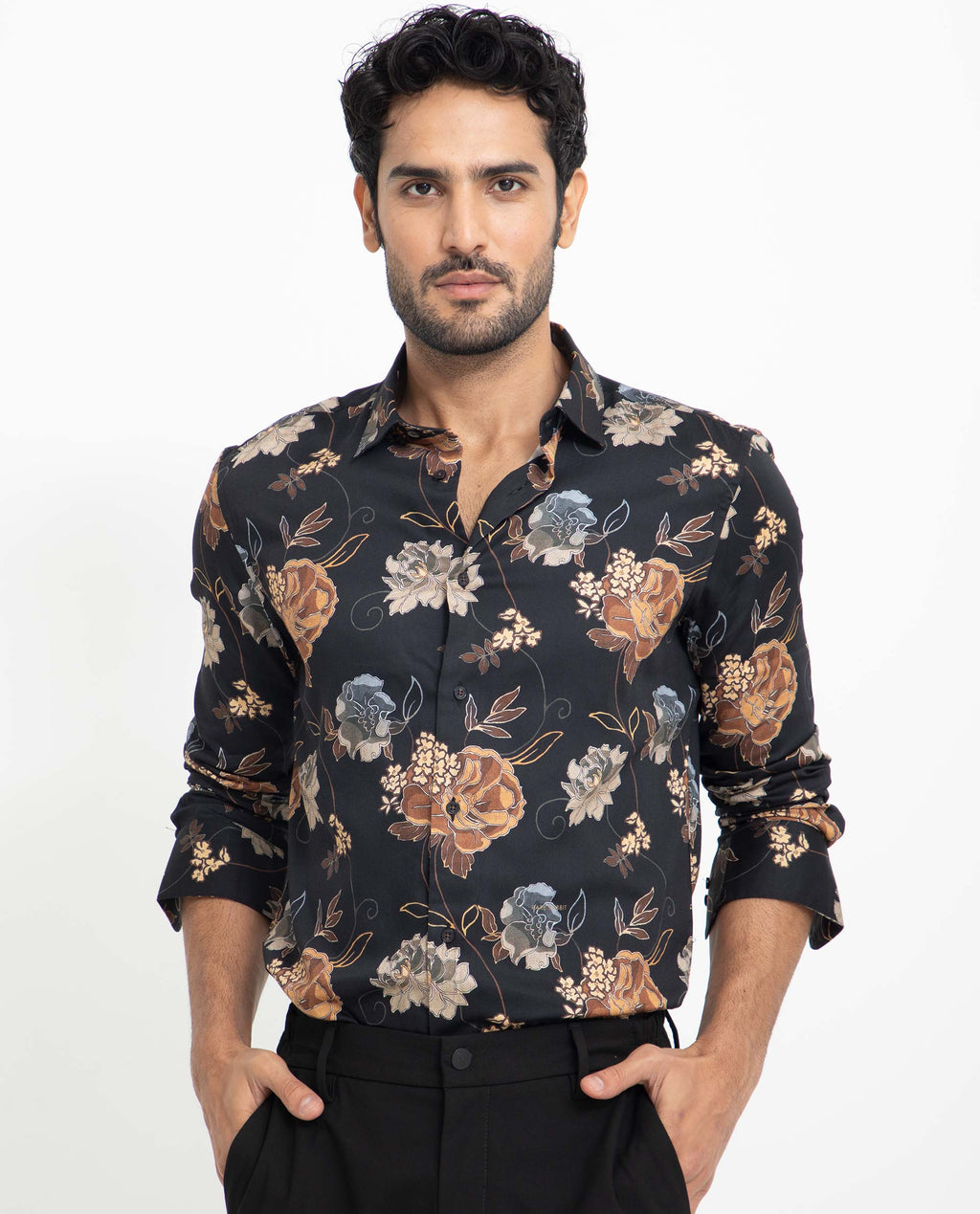 Rare Rabbit Men's Marne Black Cotton Floral Print Regular Fit Full Sleeve Collared Shirt