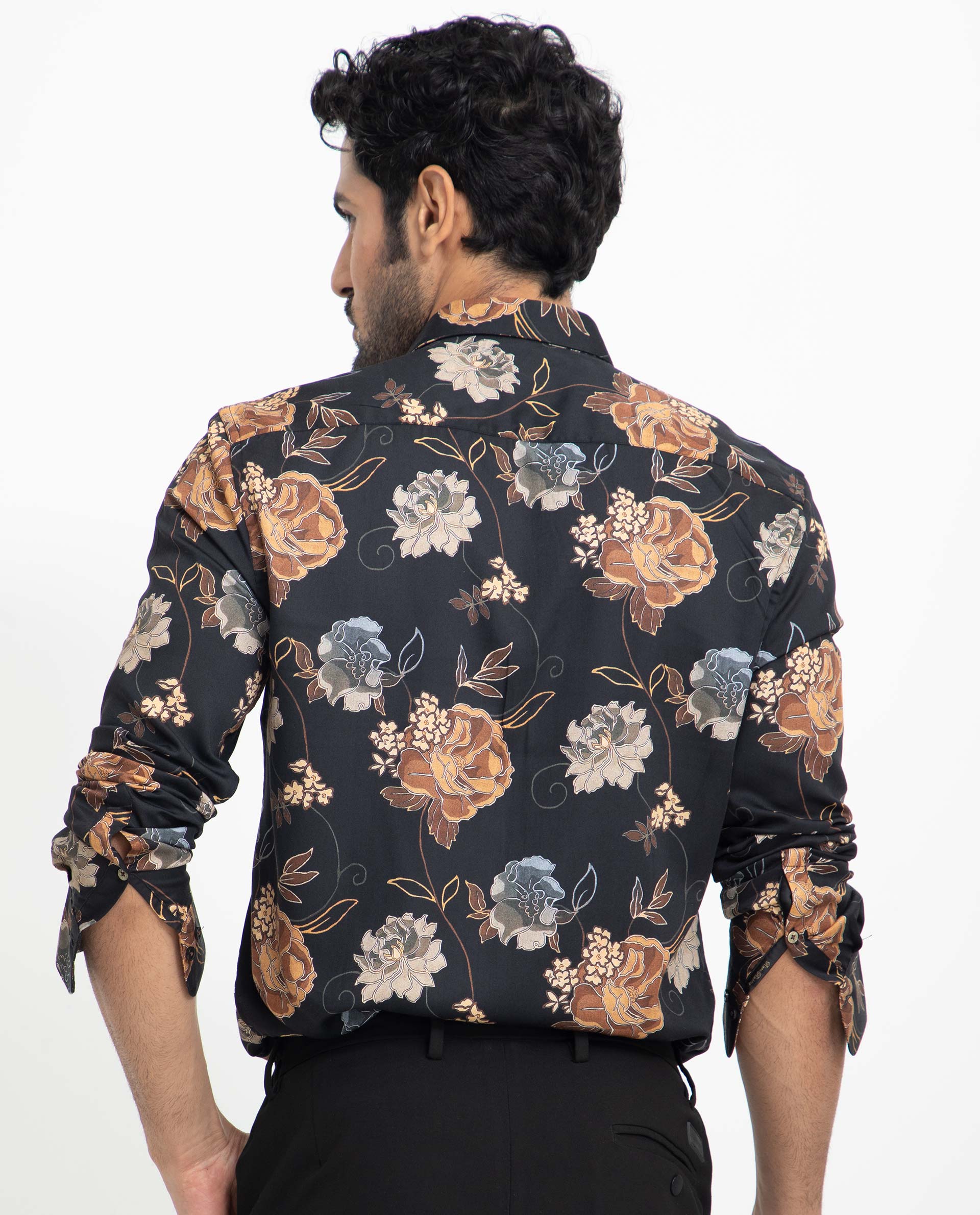 Rare Rabbit Men's Marne Black Cotton Floral Print Regular Fit Full Sleeve Collared Shirt