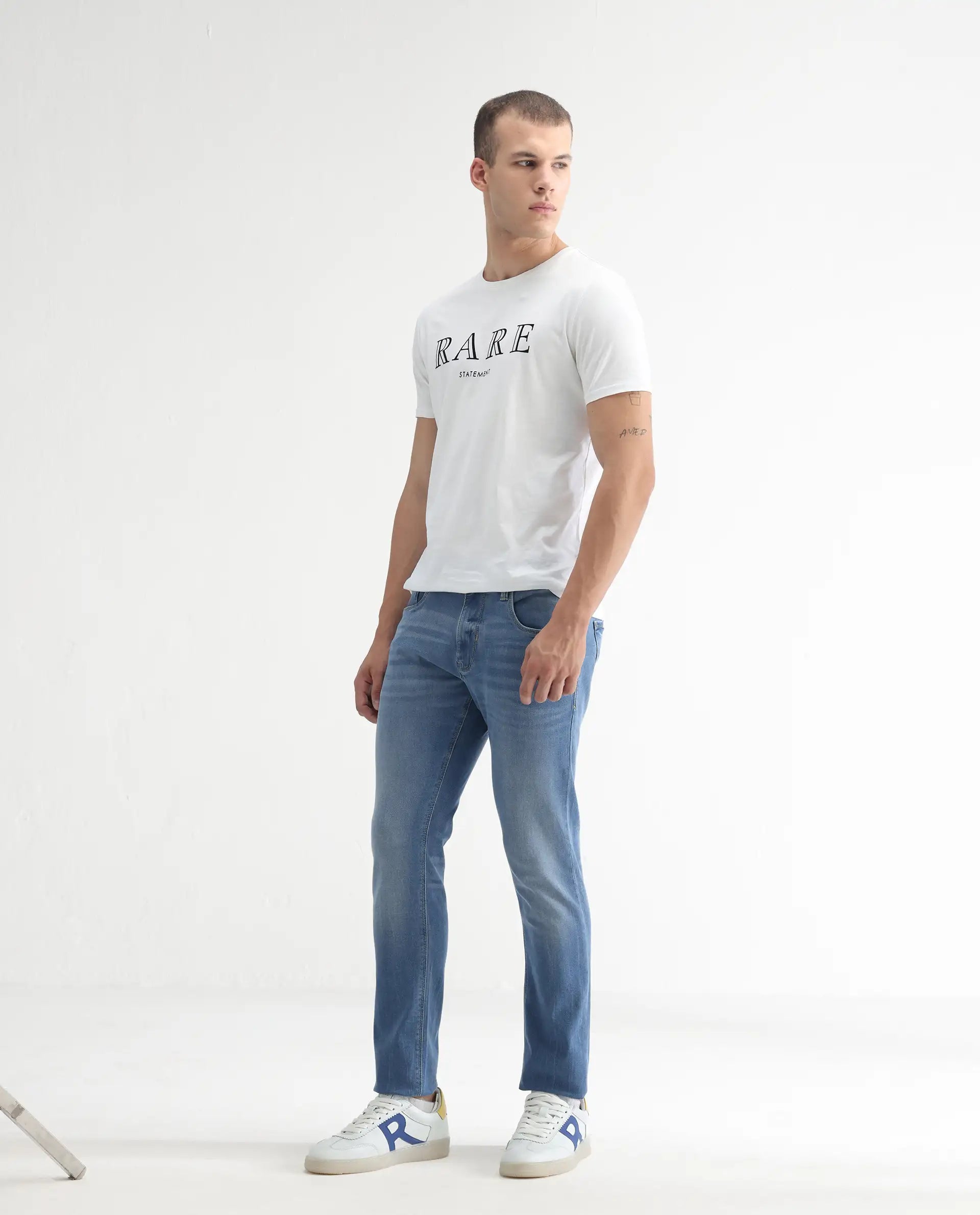 Rare Rabbit Men's Marset Light Blue Cotton Plain Hawk Slim Fit Jeans