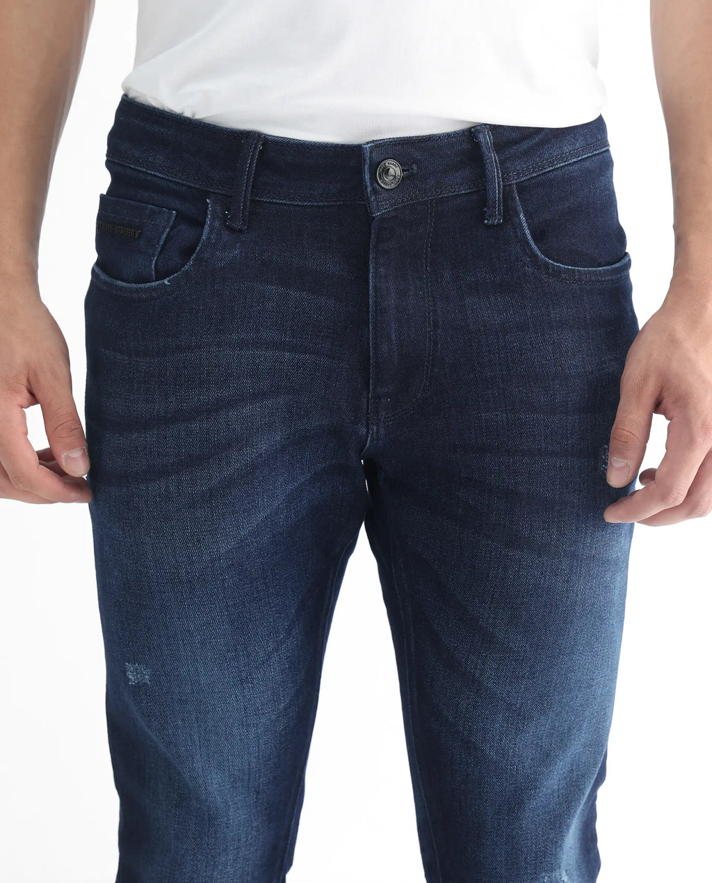 Rare Rabbit Men's Movado Blue Cotton Plain Hawk Slim Fit Jeans