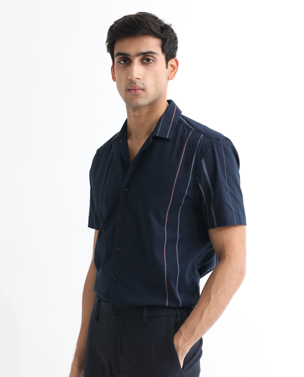 Rare Rabbit Men's Morlac Dark Navy Cotton Striped Print Regular Fit Half Sleeve Cuban Collar Shirt