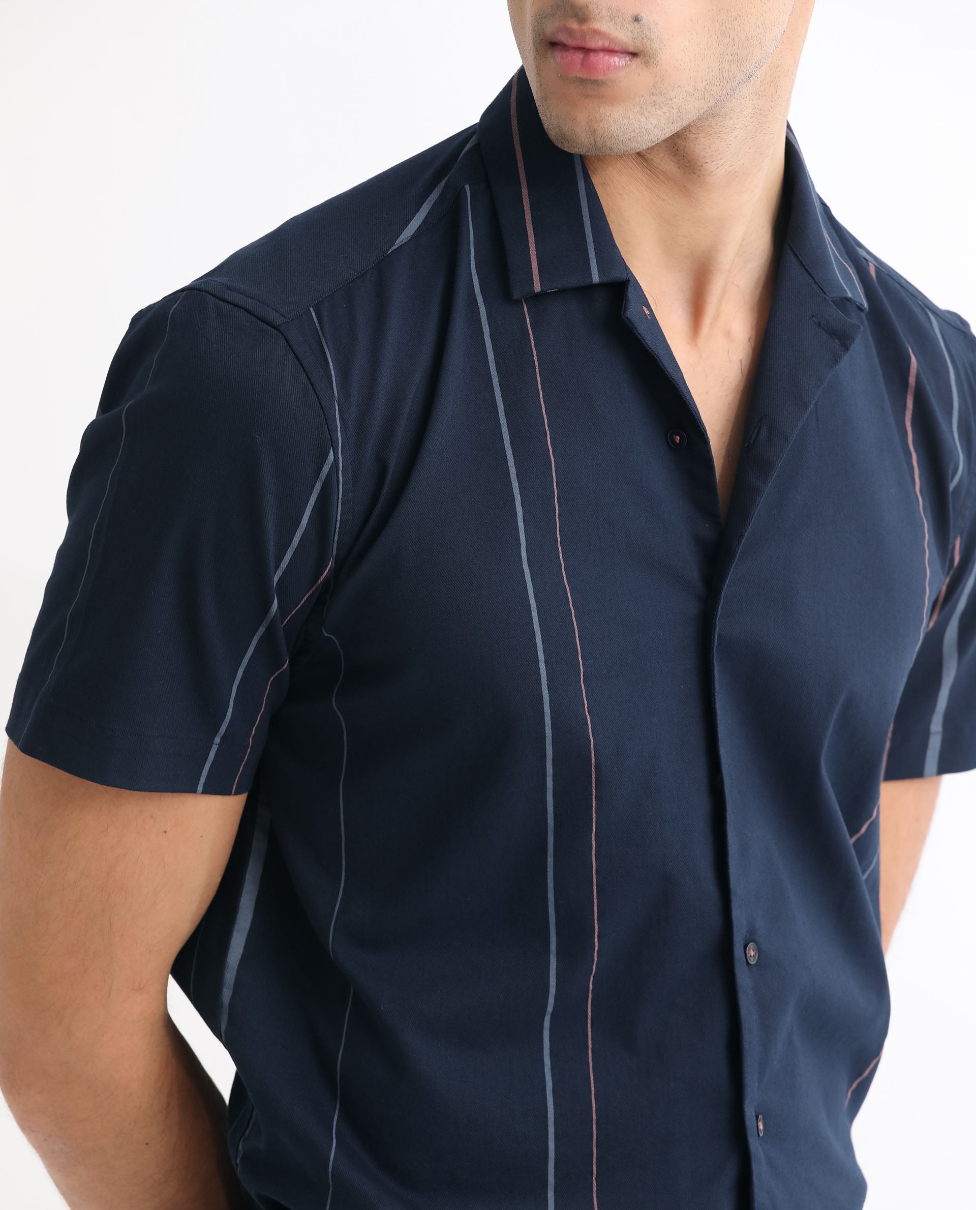 Rare Rabbit Men's Morlac Dark Navy Cotton Striped Print Regular Fit Half Sleeve Cuban Collar Shirt