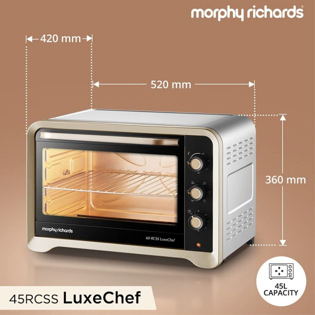 Morphy Richards RCSS LuxeChef 45 Litres Oven Toaster Griller (OTG) with Illuminated Chamber, Stainless Steel Body, Gold Matte Black