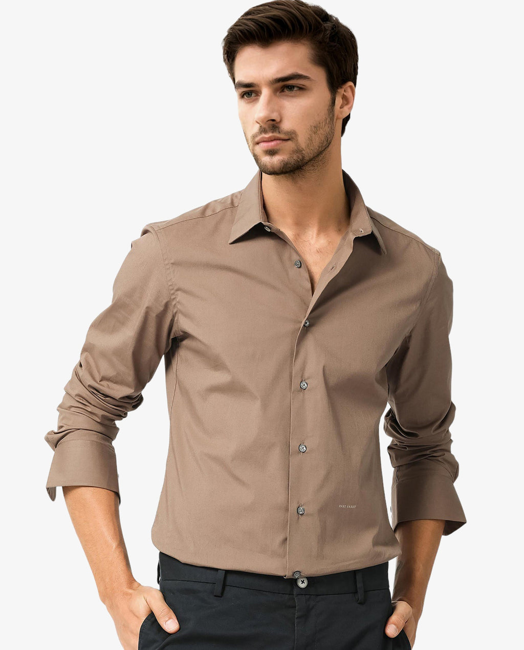 Rare Rabbit Men's Neutons Brown Cotton Plain Regular Fit Full Sleeve Collared Shirt