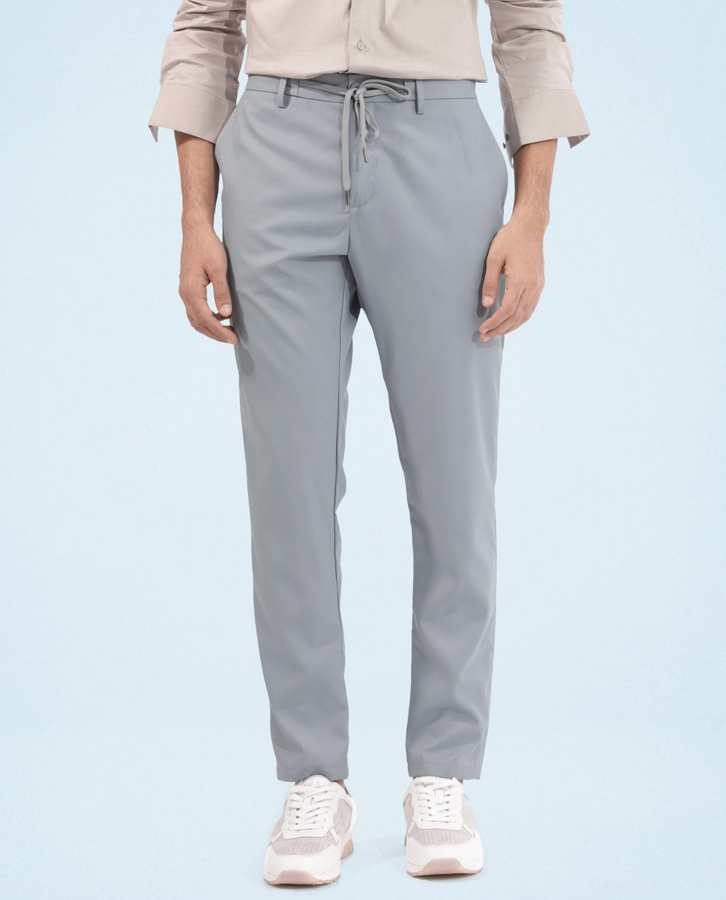 Rare Rabbit Men's Nimb Dusky Blue Polyester Fabric Drawstring And Button Closure High Rise Regular Fit Solid Trousers