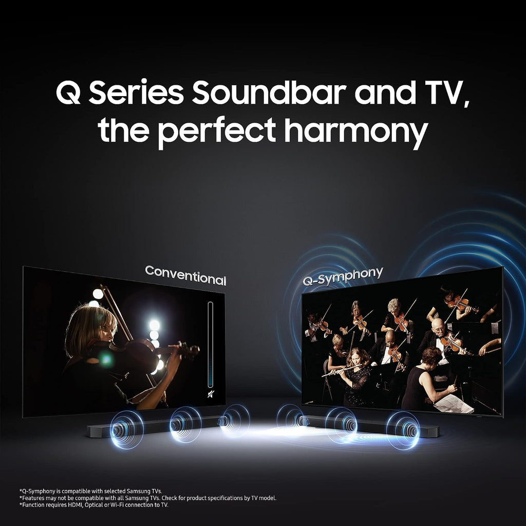 Samsung Q-Symphony Soundbar (HW-Q600B/XL), USB, Bluetooth with 3.1.2 Channel, Wireless Subwoofer, and 2 Up-Firing Speakers, Dolby Atmos Music (Black)