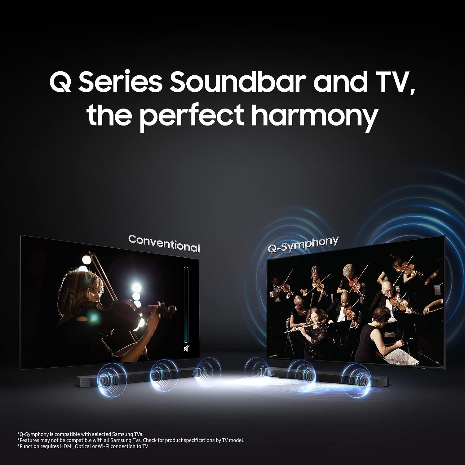Samsung Q-Symphony Soundbar (HW-Q600B/XL), USB, Bluetooth with 3.1.2 Channel, Wireless Subwoofer, and 2 Up-Firing Speakers, Dolby Atmos Music (Black)