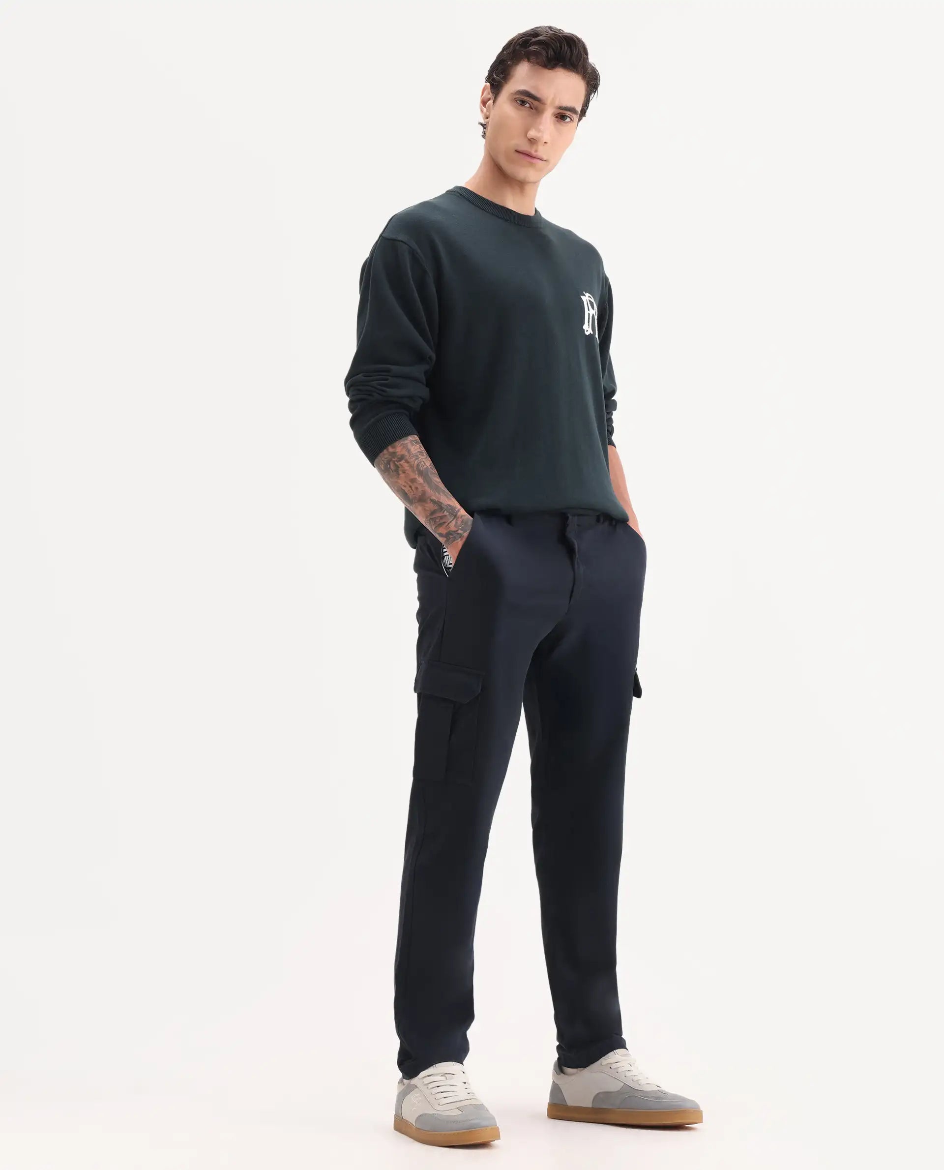 Rare Rabbit Men's Nobon Navy Cotton Plain Regular Fit Trouser