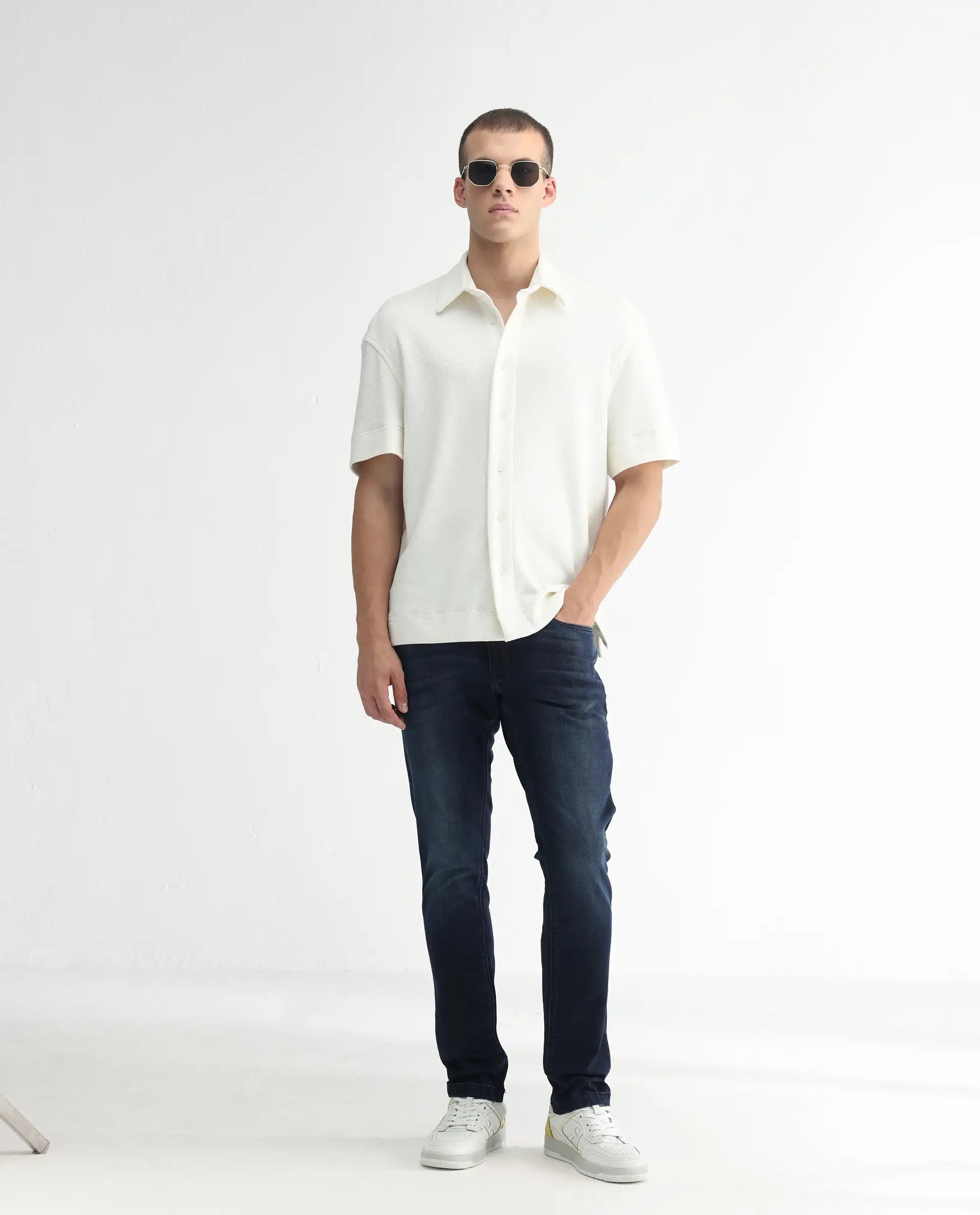Rare Rabbit Men's Oeko Navy Cotton Plain Hawk Slim Fit Jeans