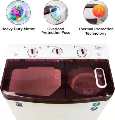 Midea 7.5 KG Semi Automatic Top Loading Washing Machine, Rust proof Body, Air Dry Function with 1300 RPM (MWMSA075PPG, Maroon White)