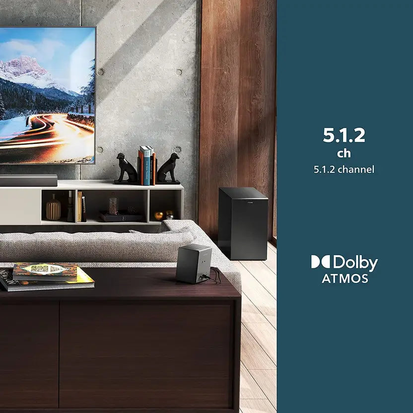 PHILIPS Soundbar TAB8967 7.1 CH (5.1.2) 780 Watt with HDMI ARC, AI Voice Assistant, Dolby Atmos, Real Surround, Wireless Subwoofer, Up-Firing Speakers, Wireless Rear Speakers (Black)