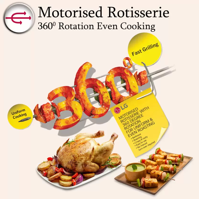 LG 32 L with Diet Fry, 360 Motorised Rotisserie for crispy and tasty bar-be-que recipes and 301 Auto Cook Menu Convection Microwave Oven