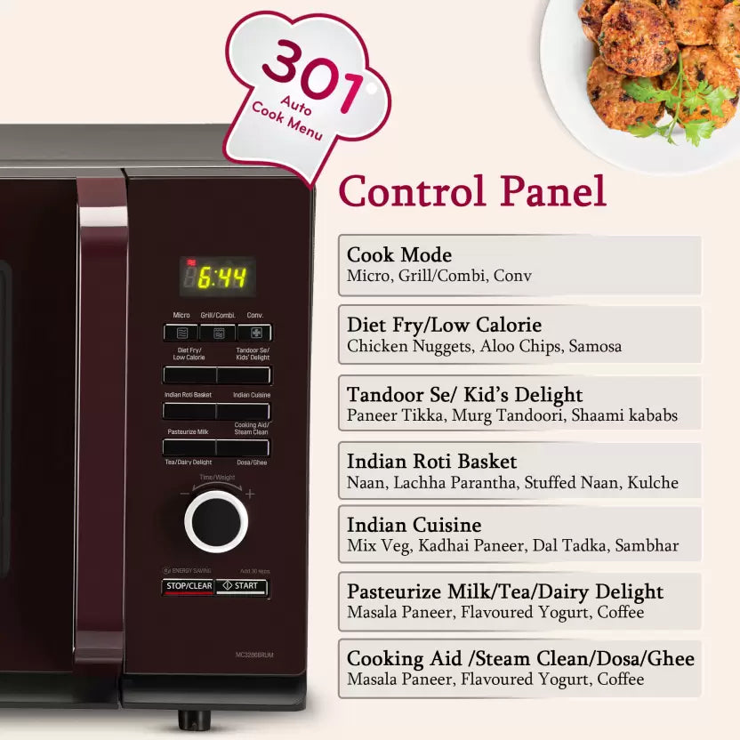 LG 32 L with Diet Fry, 360 Motorised Rotisserie for crispy and tasty bar-be-que recipes and 301 Auto Cook Menu Convection Microwave Oven