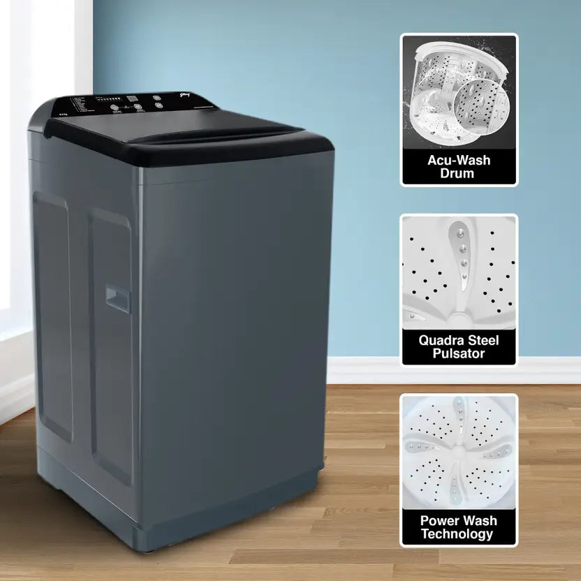 Godrej 8 Kg 5 Star Zero Pressure (0.02 MPa) Technology With Steel Drum Fully-Automatic Top Load Washing Machine (WTEON ADA 80 5.0 FEFN GLGR, Glacial Grey, With Soft Close Lid)