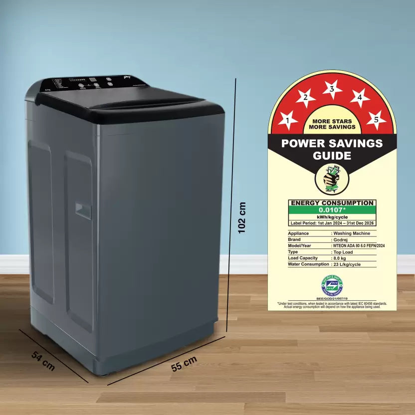Godrej 8 Kg 5 Star Zero Pressure (0.02 MPa) Technology With Steel Drum Fully-Automatic Top Load Washing Machine (WTEON ADA 80 5.0 FEFN GLGR, Glacial Grey, With Soft Close Lid)