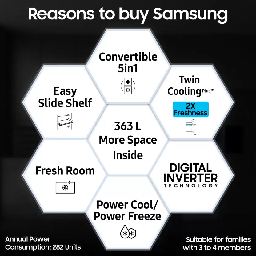 SAMSUNG 363 L Frost Free Double Door 2 Star Refrigerator with Digital Inverter, Convertible 5-in-1 and Display