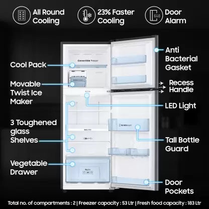 Samsung 236 L, 3 Star, Convertible, Digital Inverter with Display Frost Free Double Door Refrigerator (RT28C3733B1/HL, Black Matte/Black DOI)