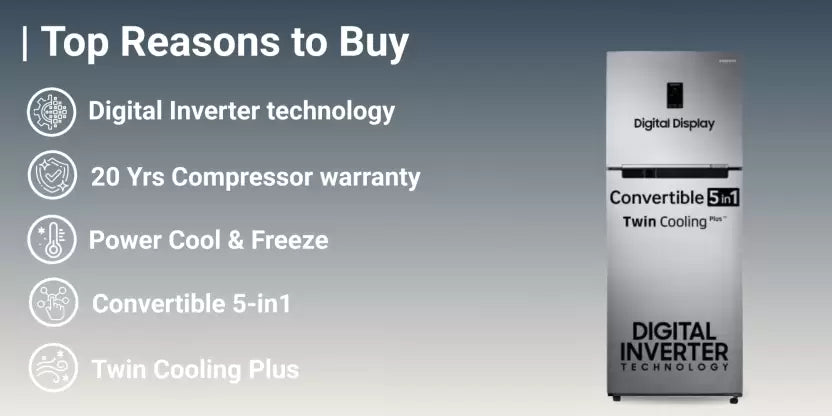 SAMSUNG 363 L Frost Free Double Door 2 Star Refrigerator with Digital Inverter, Convertible 5-in-1 and Display