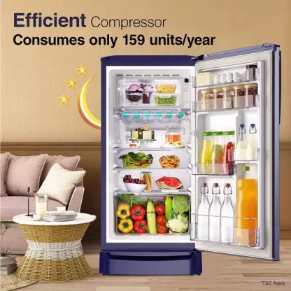 Godrej 183 L 3 Star | Toughened Glass Shelves | 24 Day Farm Freshness | Jumbo Vegetable Tray | Direct Cool Single Door Refrigerator(RD R190C THF FR BL, Floral Blue)