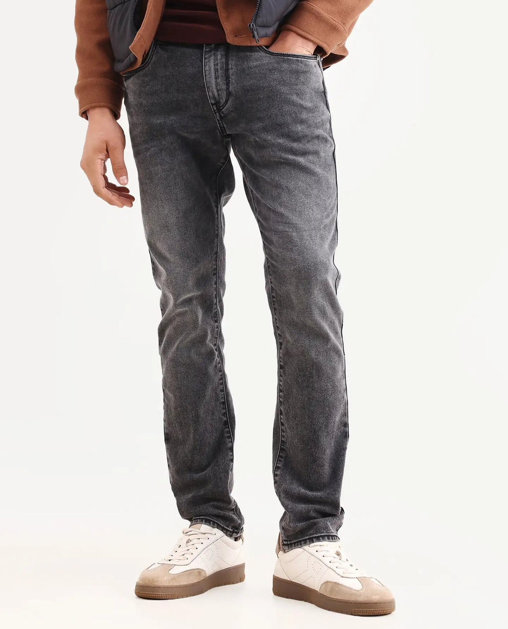 Rare Rabbit Men's Oris 26 Dark Grey Cotton Blend Fabric Hawk Slim Fit Plain Jeans