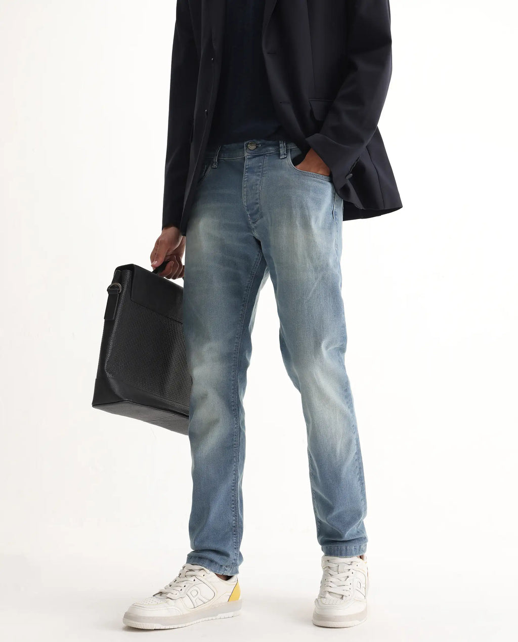 Rare Rabbit Men's Orsica Fluorescent Blue Cotton Plain Hawk Slim Fit Jeans