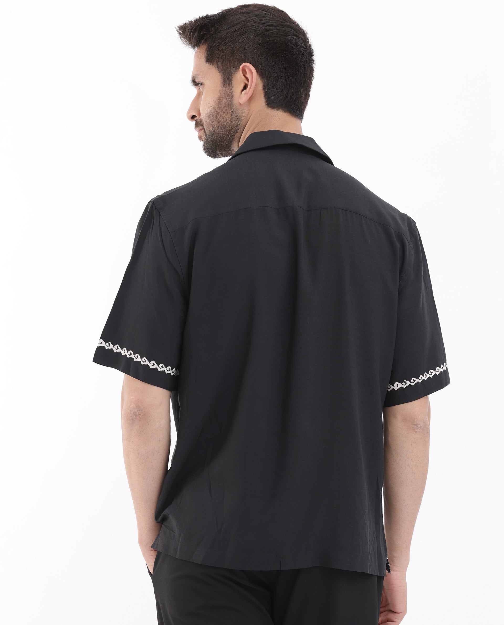 Rare Rabbit Men's Palms Black Viscose Tropical Print Boxy Fit Half Sleeve Cuban Collar Shirt