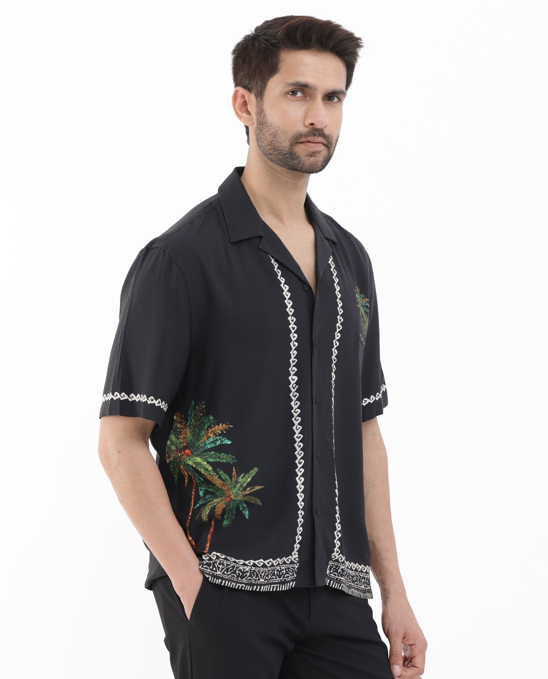 Rare Rabbit Men's Palms Black Viscose Tropical Print Boxy Fit Half Sleeve Cuban Collar Shirt