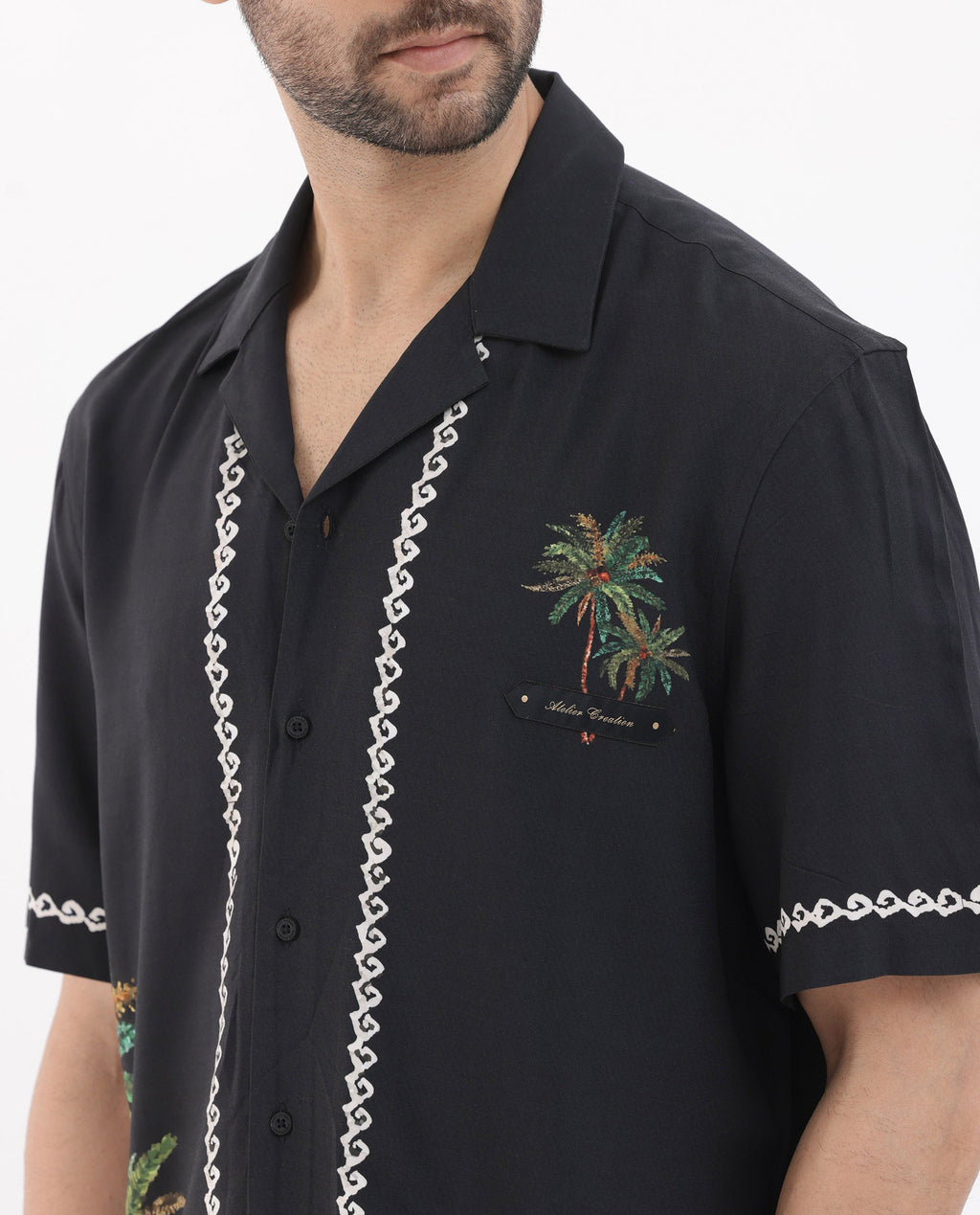 Rare Rabbit Men's Palms Black Viscose Tropical Print Boxy Fit Half Sleeve Cuban Collar Shirt