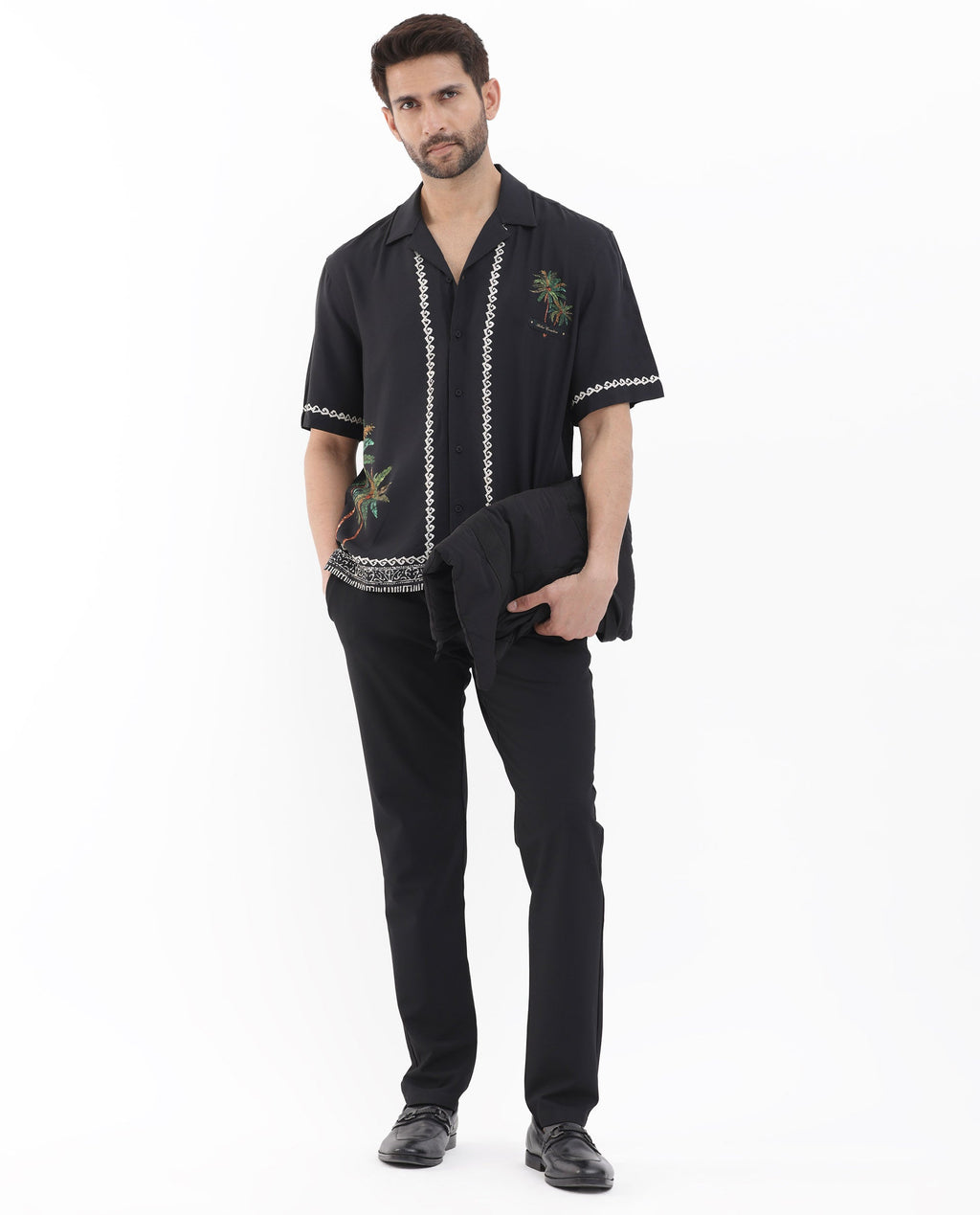 Rare Rabbit Men's Palms Black Viscose Tropical Print Boxy Fit Half Sleeve Cuban Collar Shirt