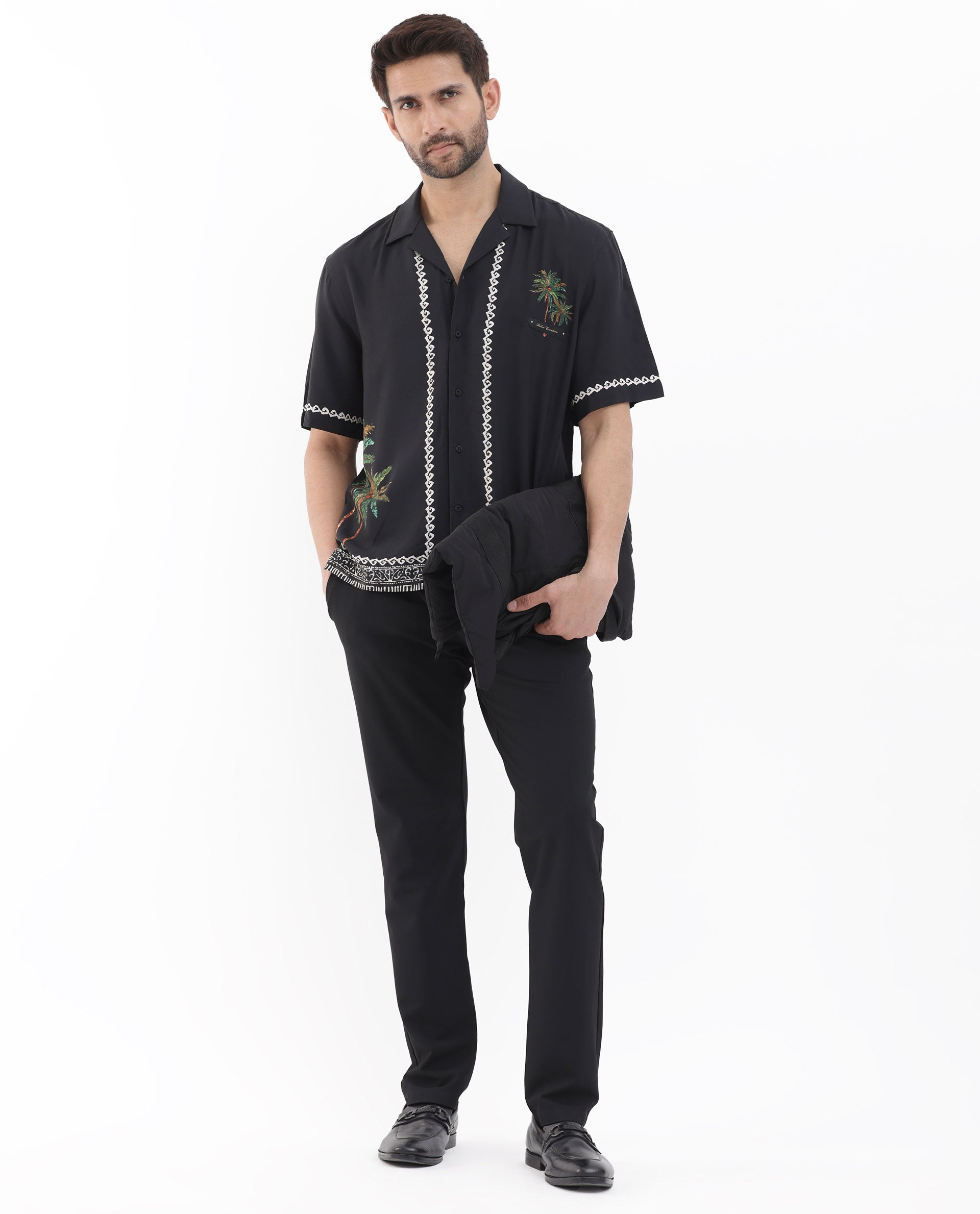 Rare Rabbit Men's Palms Black Viscose Tropical Print Boxy Fit Half Sleeve Cuban Collar Shirt