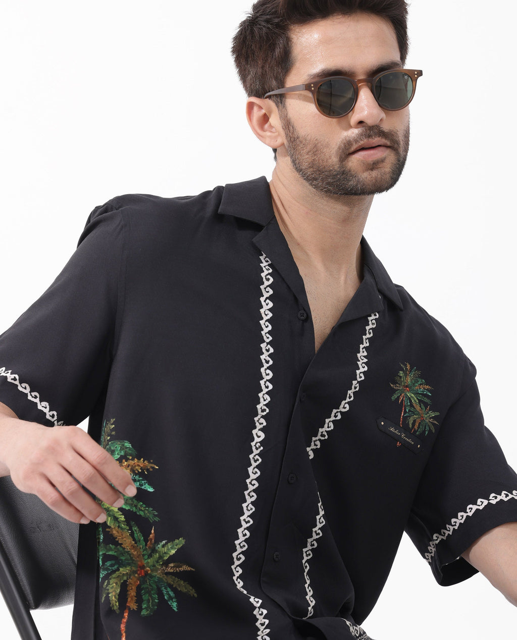 Rare Rabbit Men's Palms Black Viscose Tropical Print Boxy Fit Half Sleeve Cuban Collar Shirt