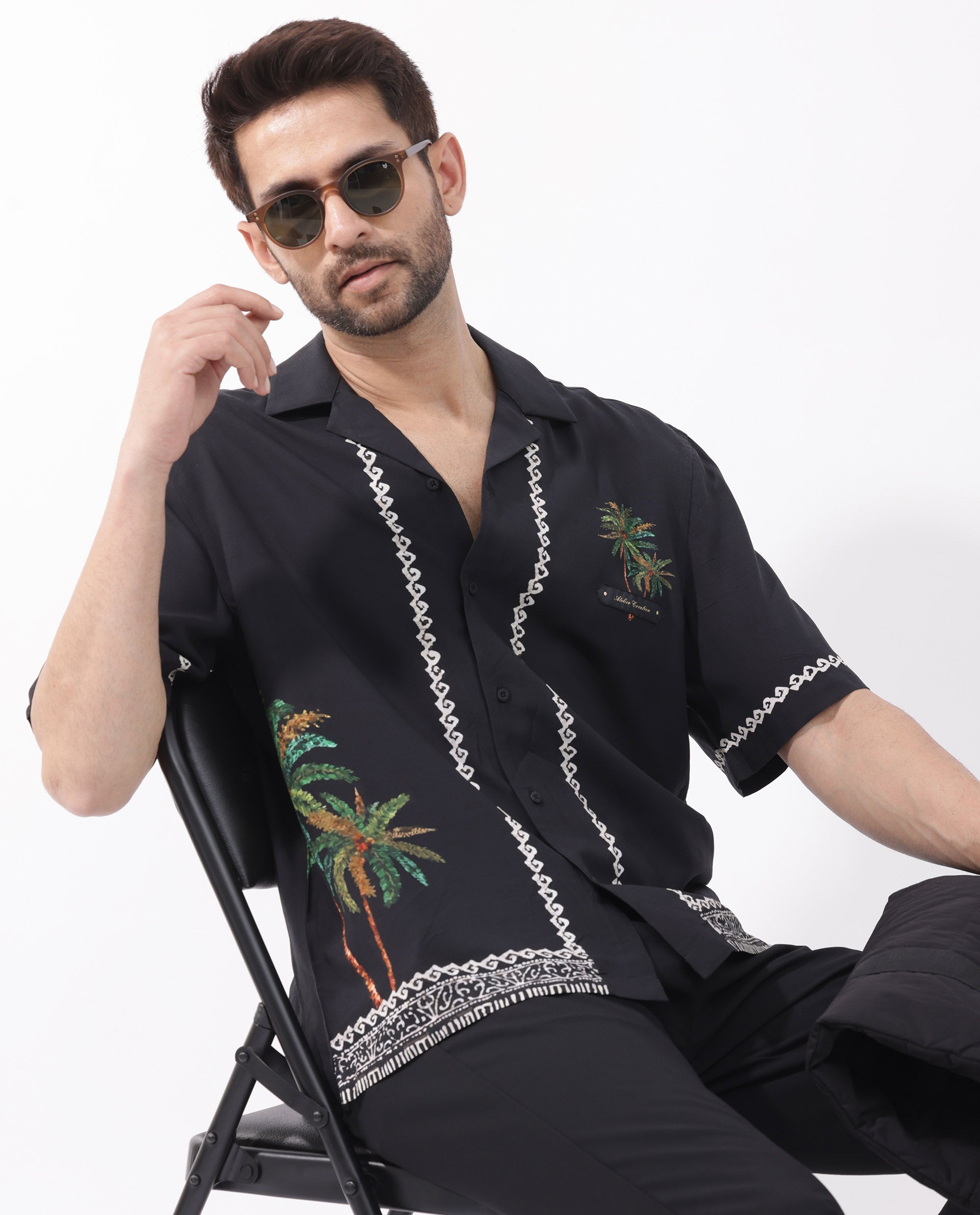Rare Rabbit Men's Palms Black Viscose Tropical Print Boxy Fit Half Sleeve Cuban Collar Shirt