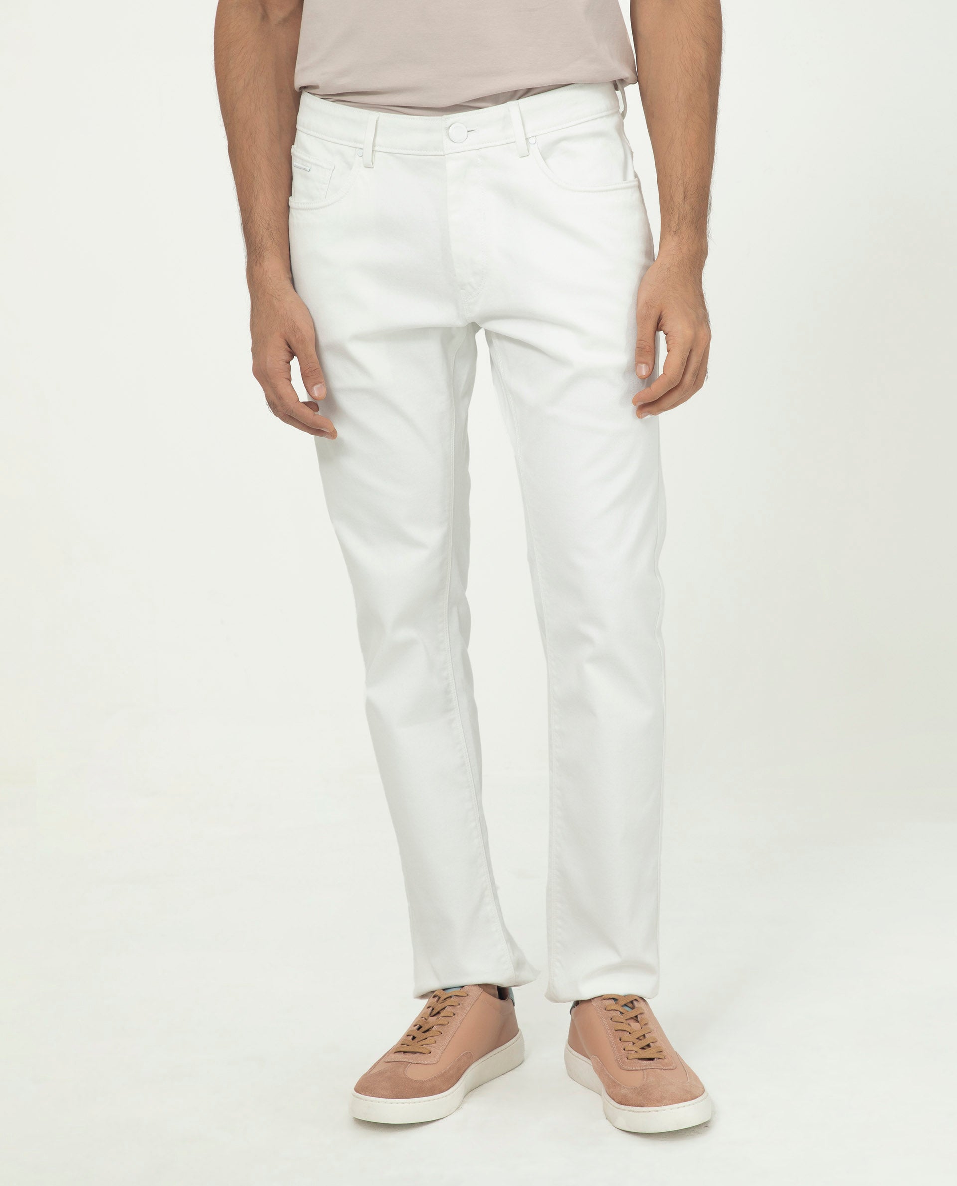 Rare Rabbit Men's Poke White Cotton Plain Regular Fit Trouser