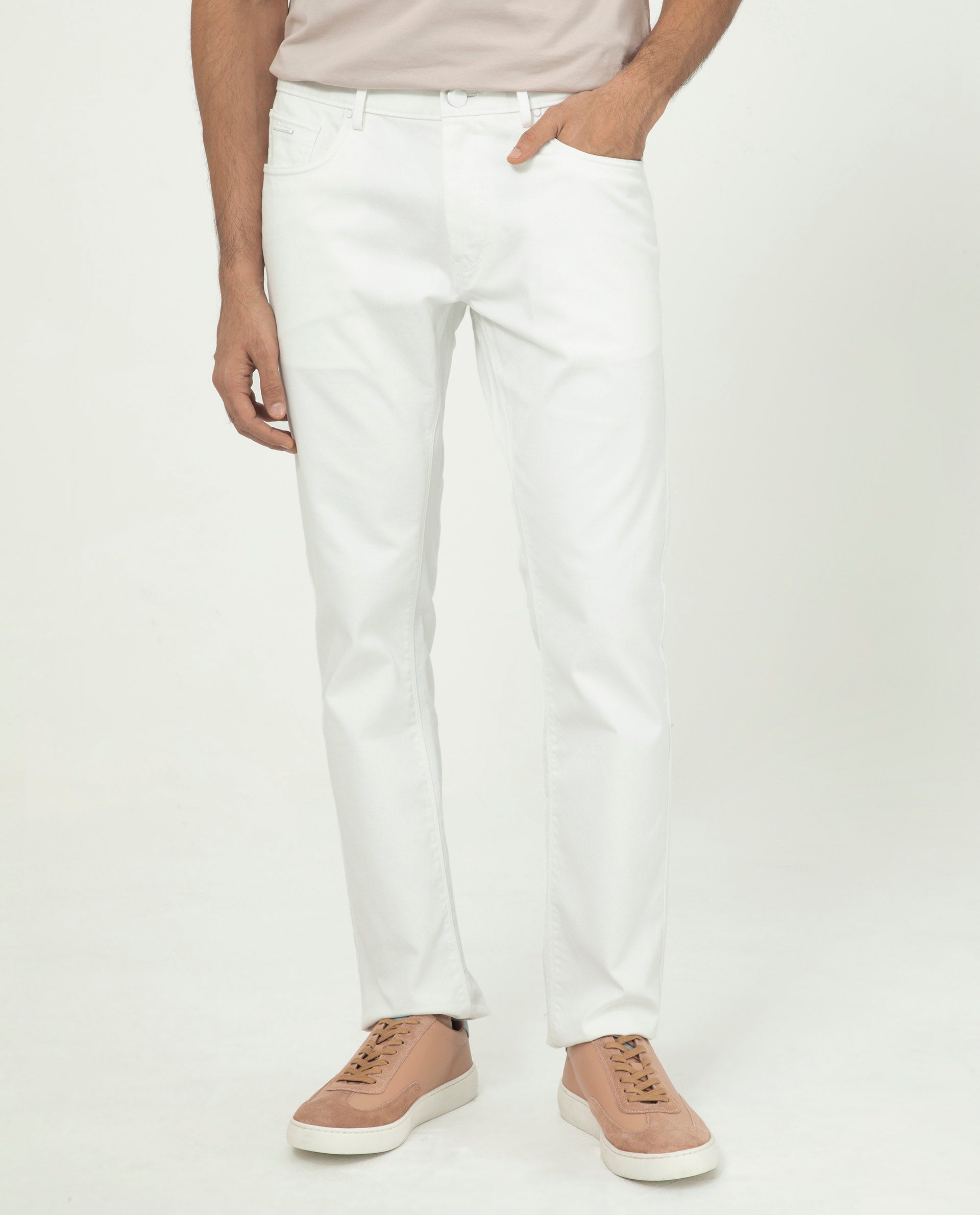 Rare Rabbit Men's Poke White Cotton Plain Regular Fit Trouser