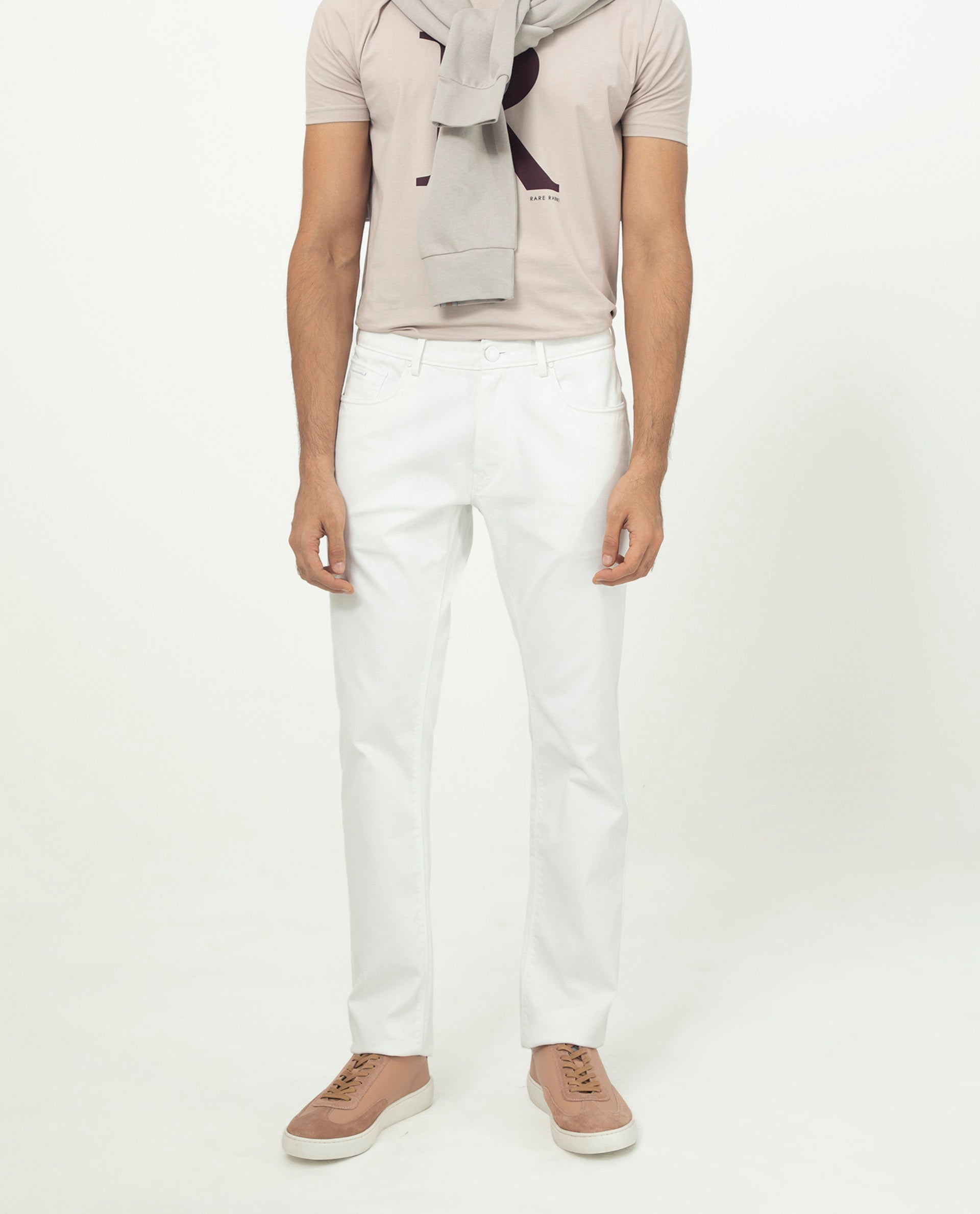 Rare Rabbit Men's Poke White Cotton Plain Regular Fit Trouser