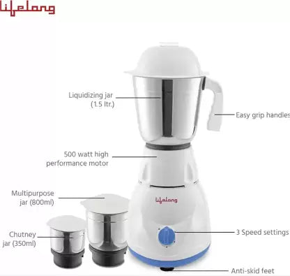 Lifelong Power Pro - LLMG20 500 W Mixer Grinder (3 Jars, Blue)