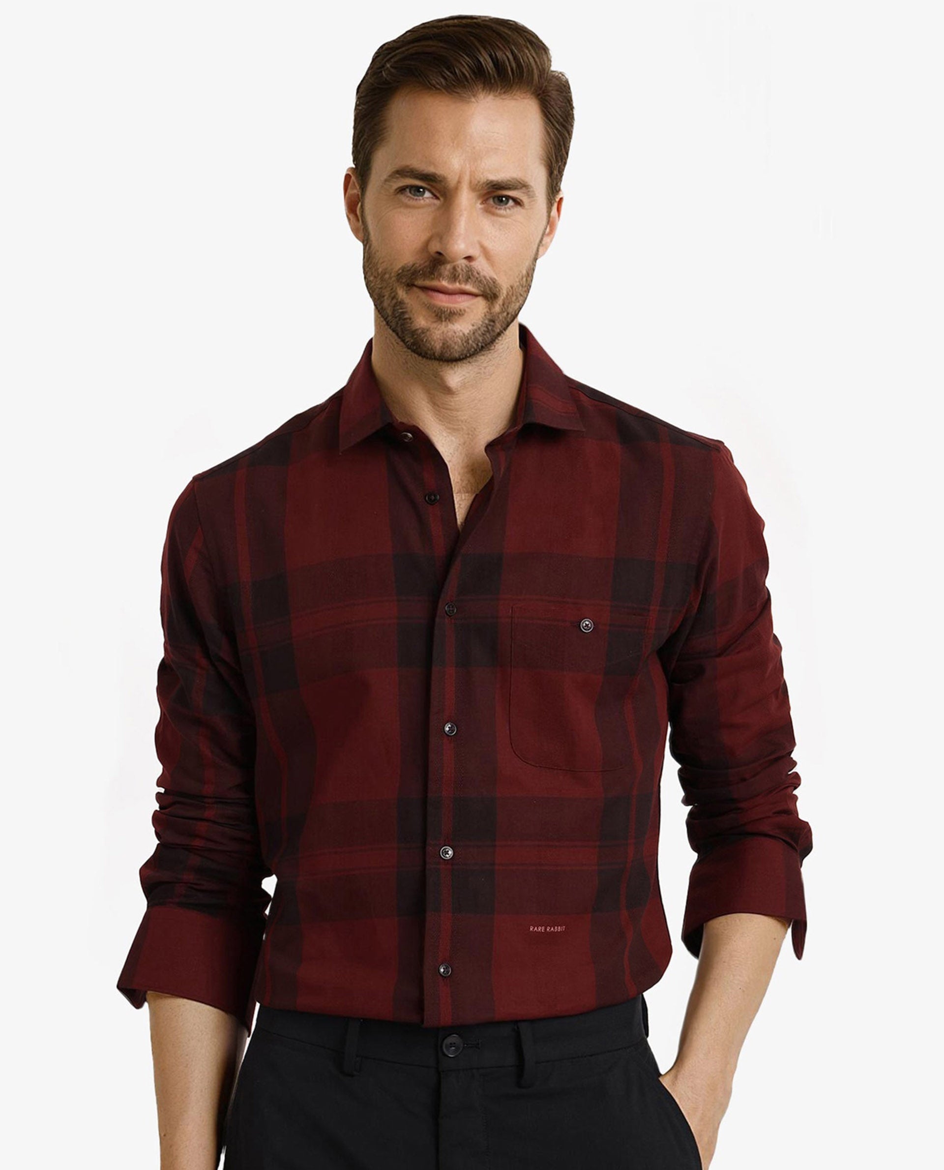 Rare Rabbit Men's Pyre Dark Red Cotton Checked Print Regular Fit Full Sleeve Collared Shirt