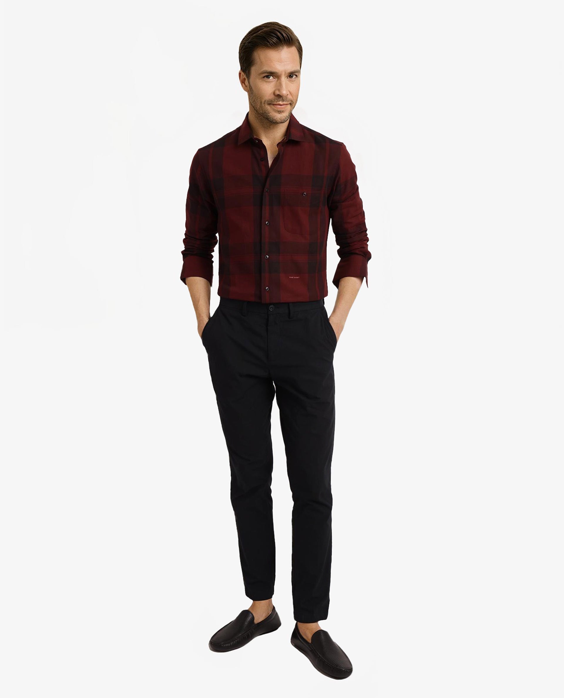 Rare Rabbit Men's Pyre Dark Red Cotton Checked Print Regular Fit Full Sleeve Collared Shirt