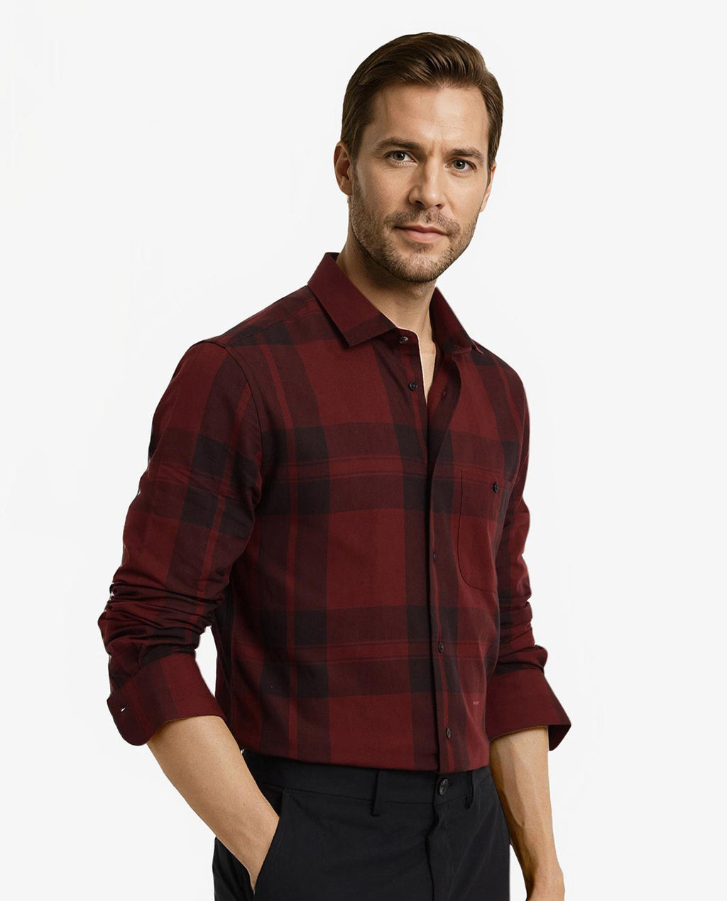 Rare Rabbit Men's Pyre Dark Red Cotton Checked Print Regular Fit Full Sleeve Collared Shirt