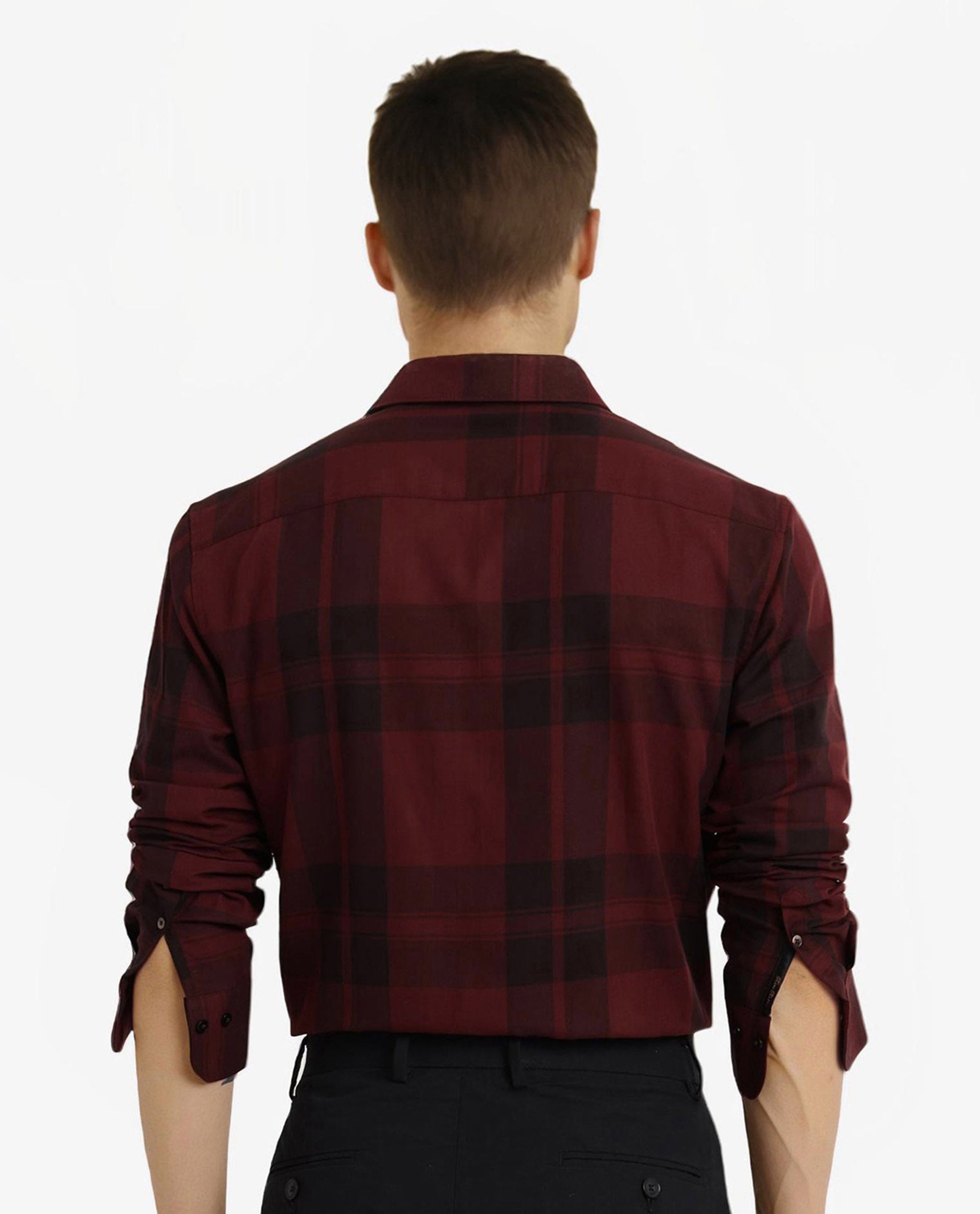 Rare Rabbit Men's Pyre Dark Red Cotton Checked Print Regular Fit Full Sleeve Collared Shirt