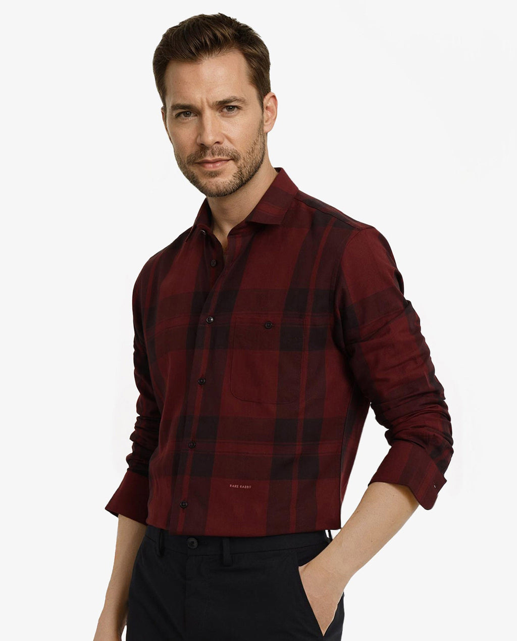 Rare Rabbit Men's Pyre Dark Red Cotton Checked Print Regular Fit Full Sleeve Collared Shirt