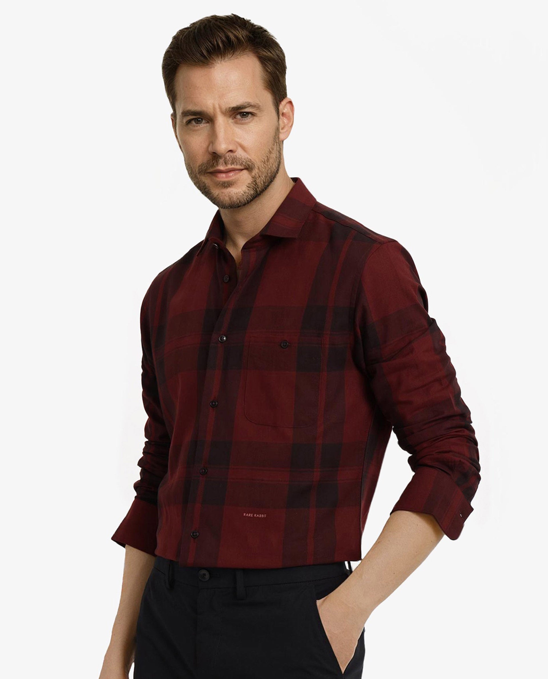 Rare Rabbit Men's Pyre Dark Red Cotton Checked Print Regular Fit Full Sleeve Collared Shirt