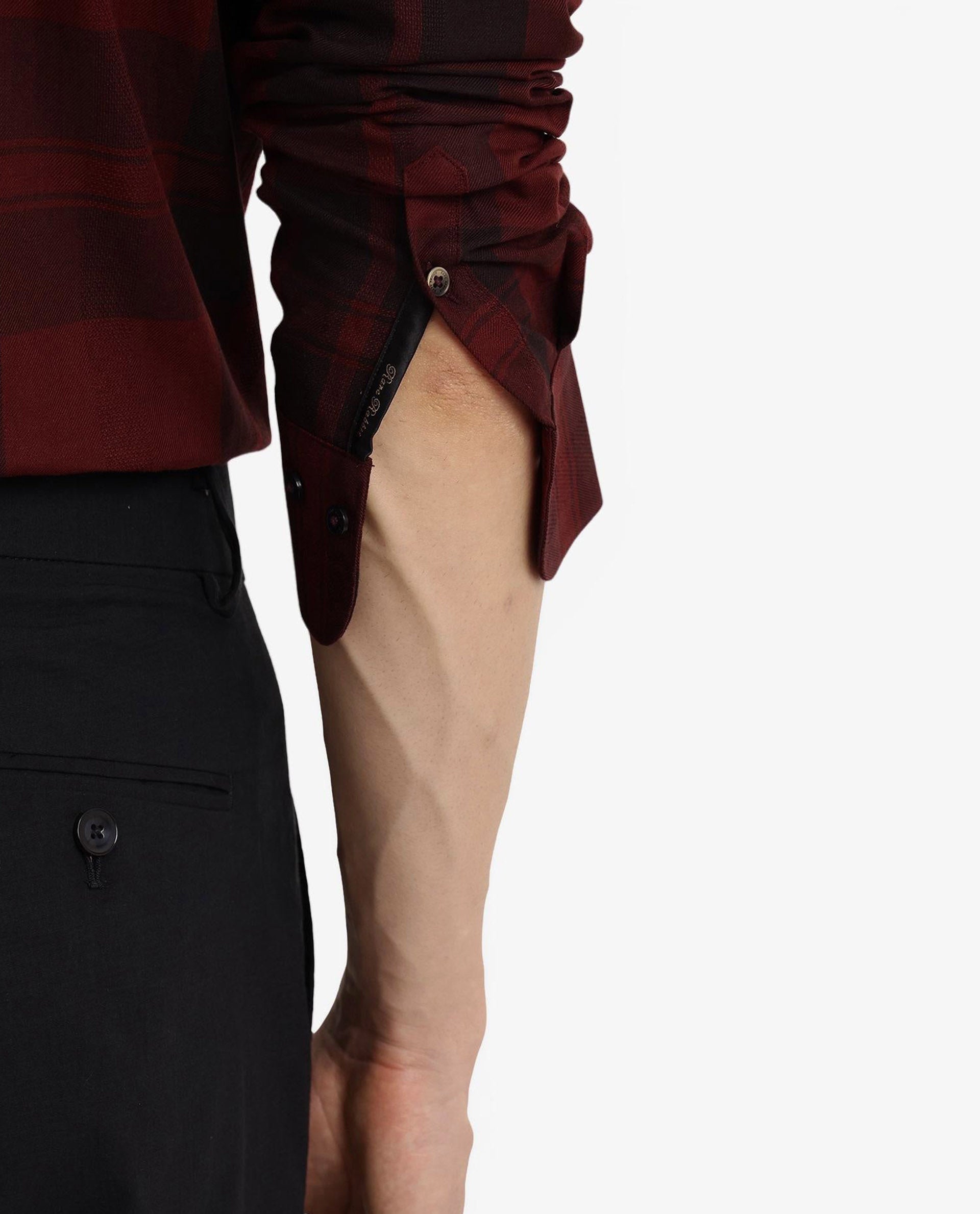 Rare Rabbit Men's Pyre Dark Red Cotton Checked Print Regular Fit Full Sleeve Collared Shirt