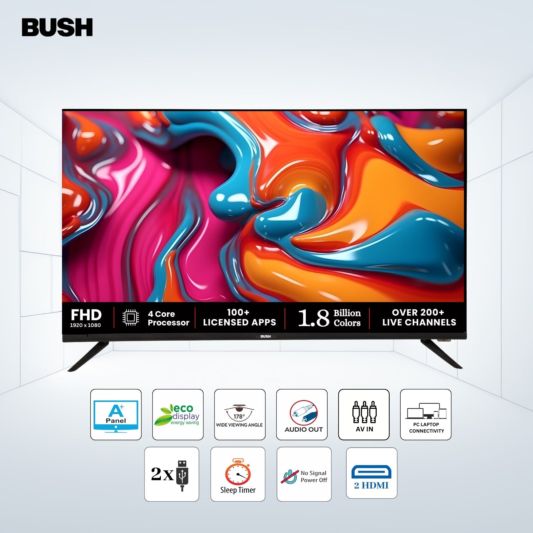 Bush QLED 108 cm (43 inch) Full HD LED Smart Android Based TV 2025 Edition with Remote, Frameless Design and Free to Air channel movie box and Sound bar (QLED-43) BB4300S PRO