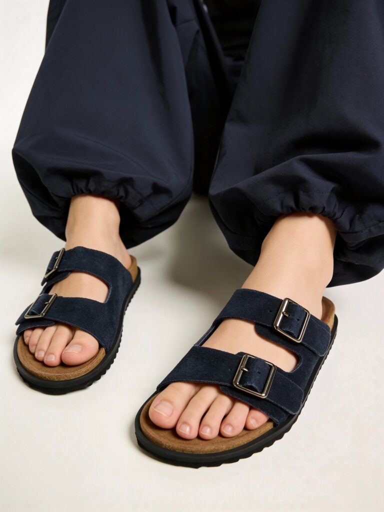 SOLEPLAY Navy Slip-On Suede Leather Sandals