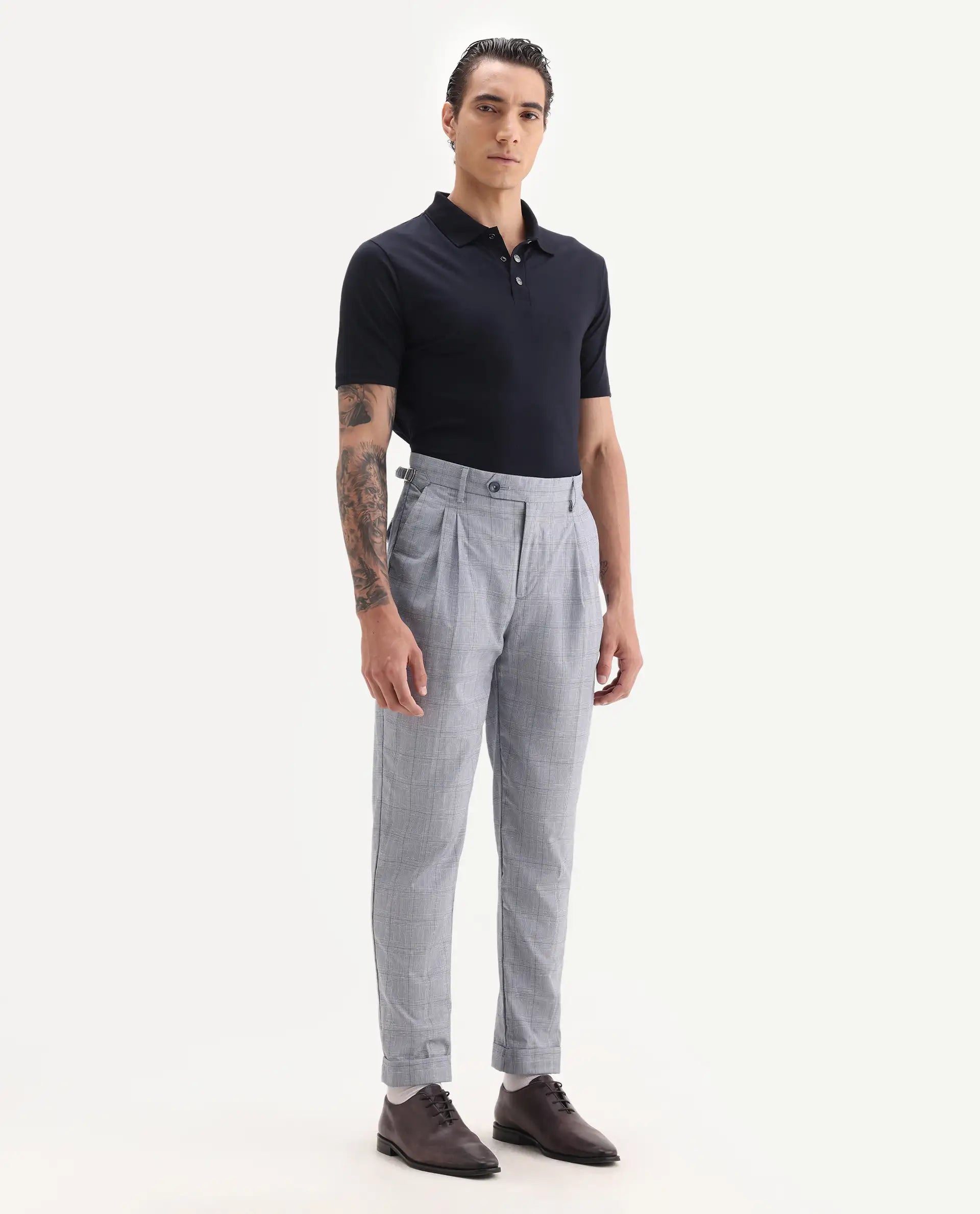 Rare Rabbit Men's Renot Blue Cotton Checked Print Regular Fit Trouser